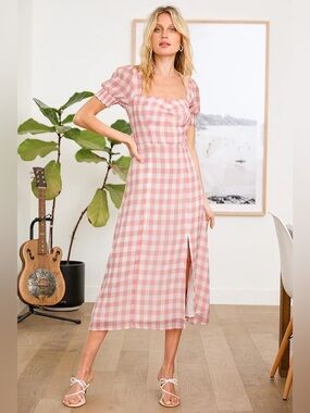 Pink Gingham Square-Neck Midi Dress